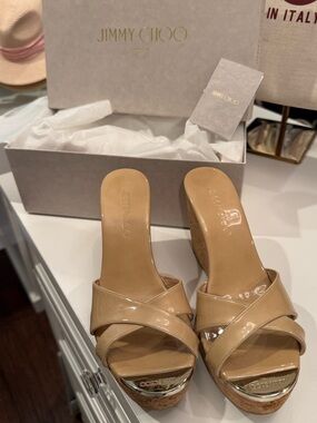 Jimmy Choo Beige Patent Leather Platform Wedge Sandals - Size 37.5